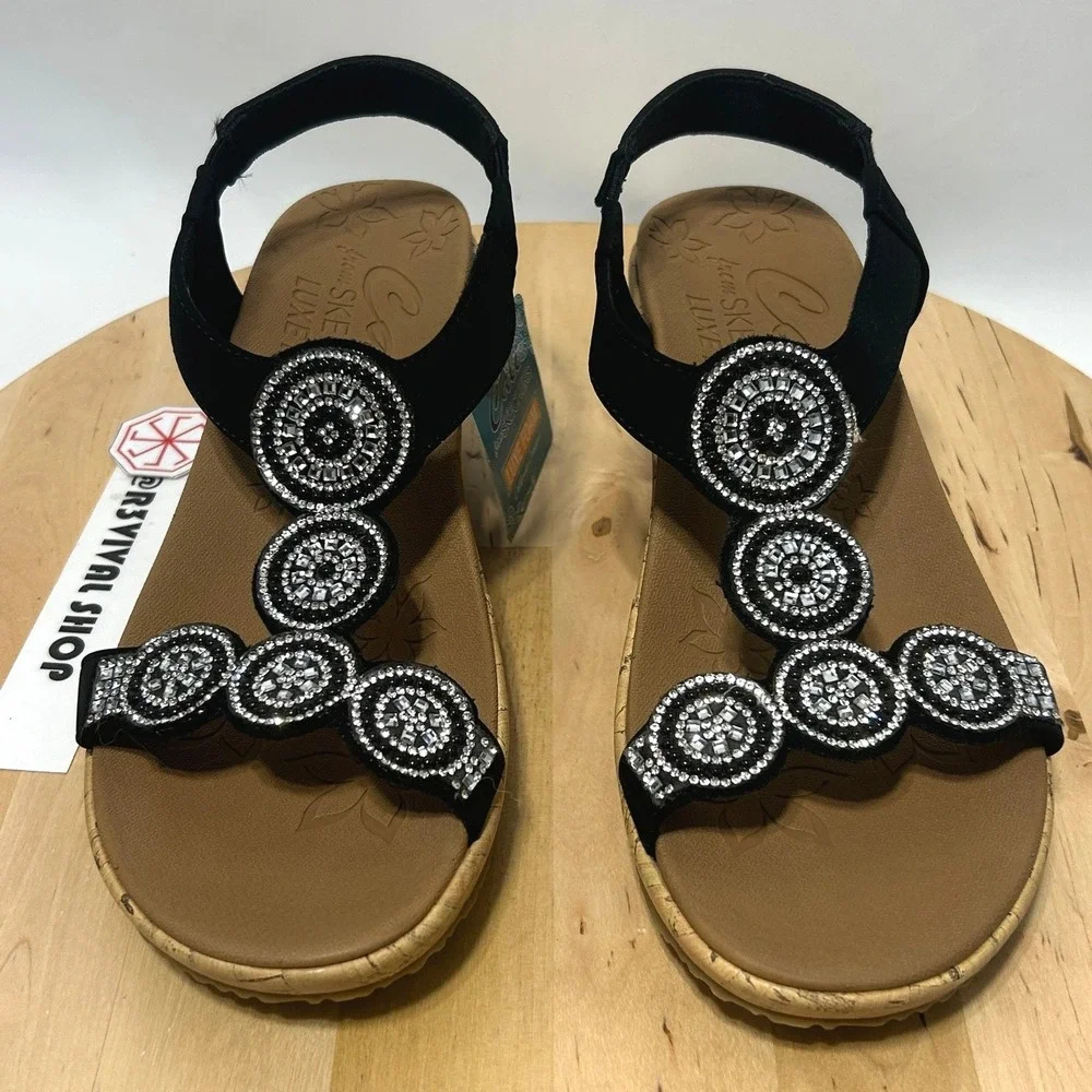 NWT Women's Skechers Beverlee Date Glam Wedge Black Sandal - Size 7